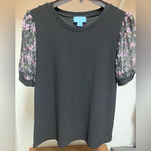 CeCe Black Blouse with Floral Sleeves